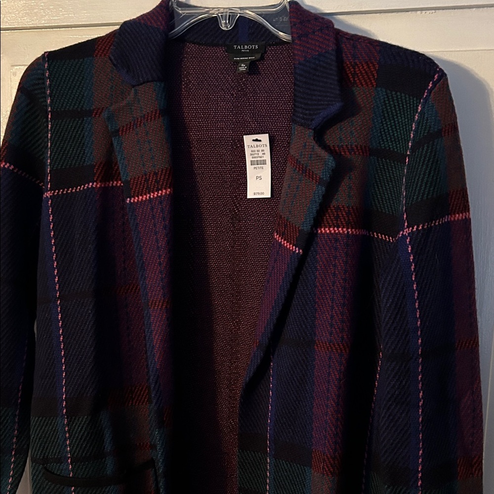 Talbots Women’s WEEKEND PLAID MERINO SWEATER JACKET Small Petite Preppy Office